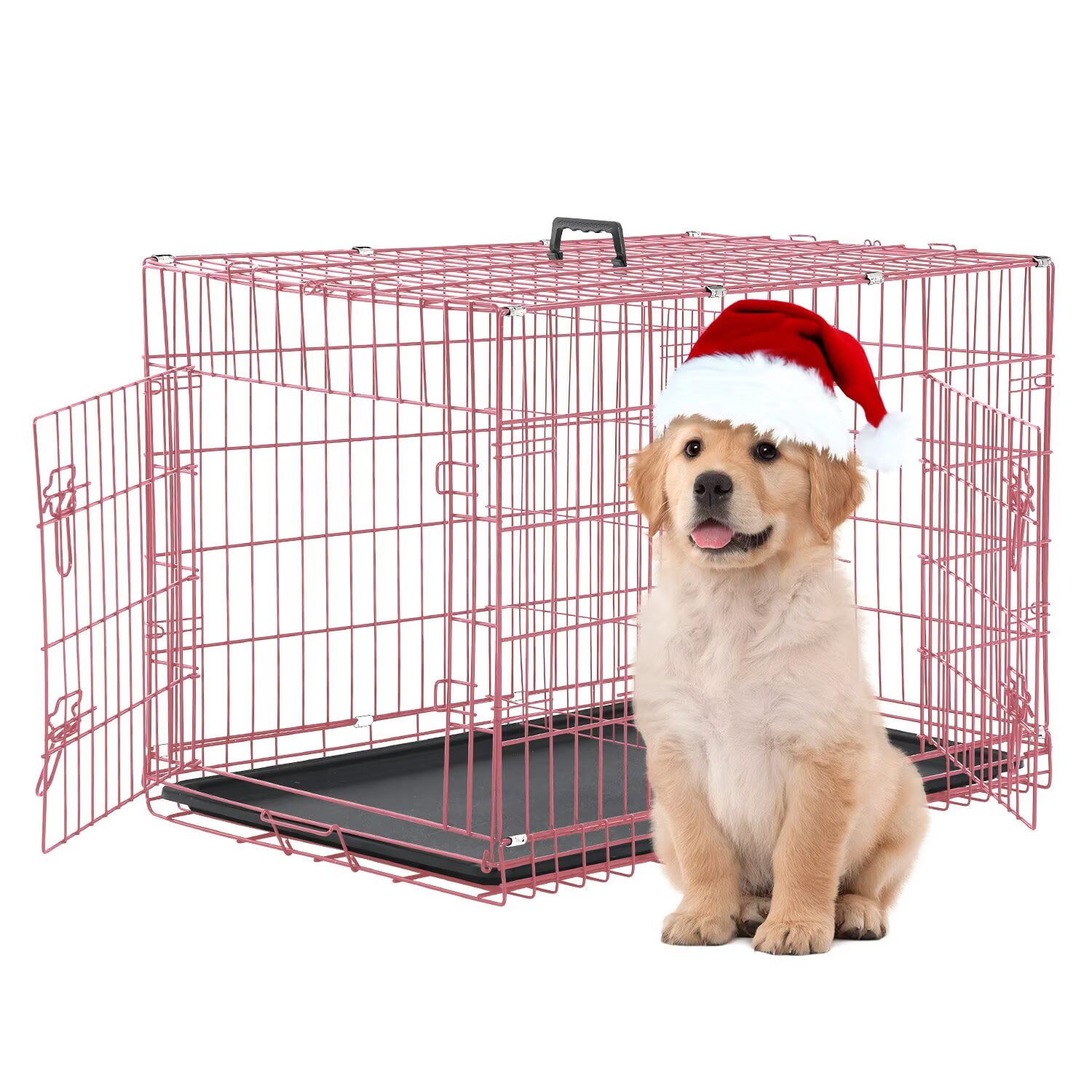 CL.HPAHKL Small Wire Dog Crate, Folding Metal Dog Kennel Double Door Dog Cage with Plastic Tray, Puppy Crate for Small Dog Indoor Outdoor Travel (Pink, 24 inch)