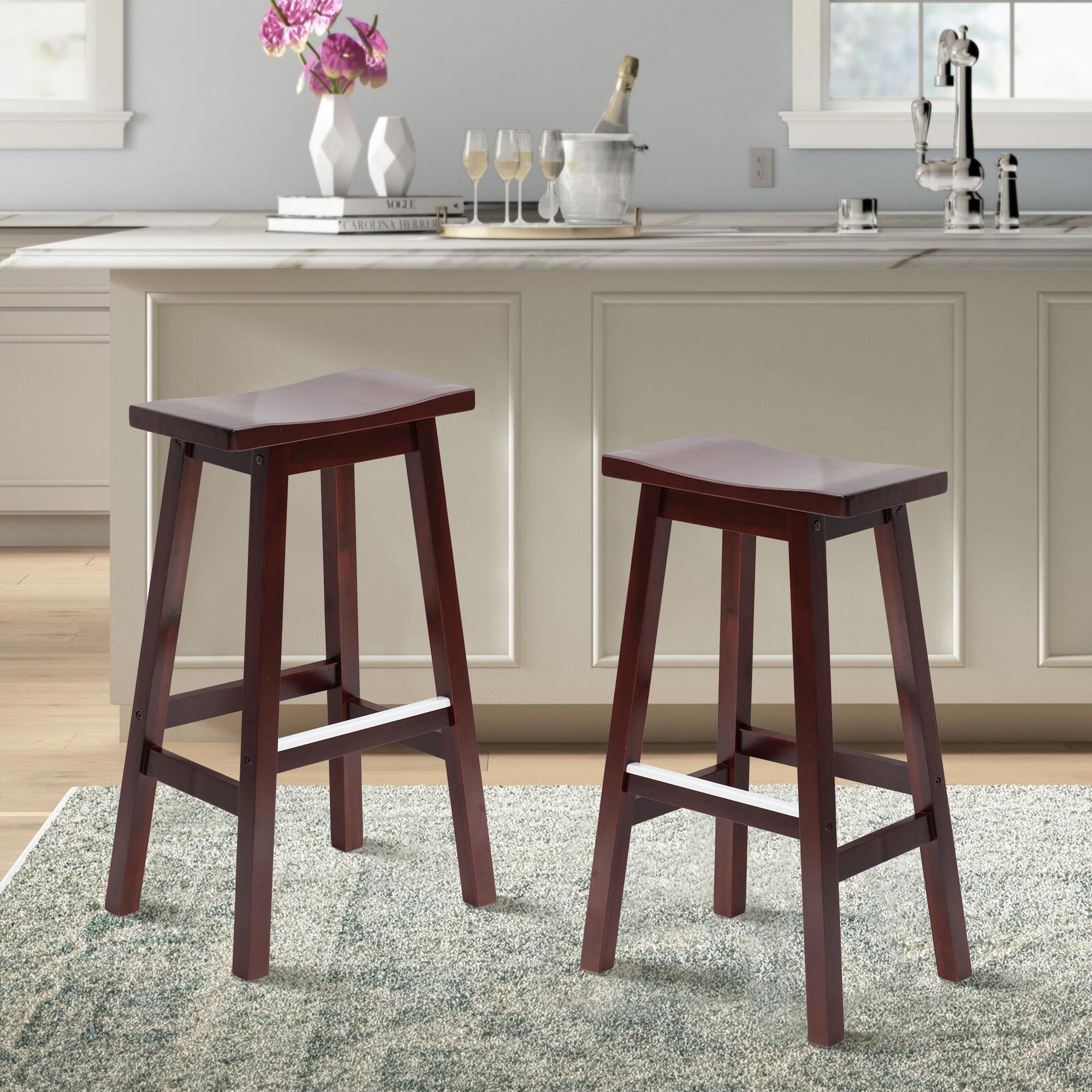Saddle Bar Stools - Counter Height, Solid Wood Legs, Faux Leather Seat, Modern Style