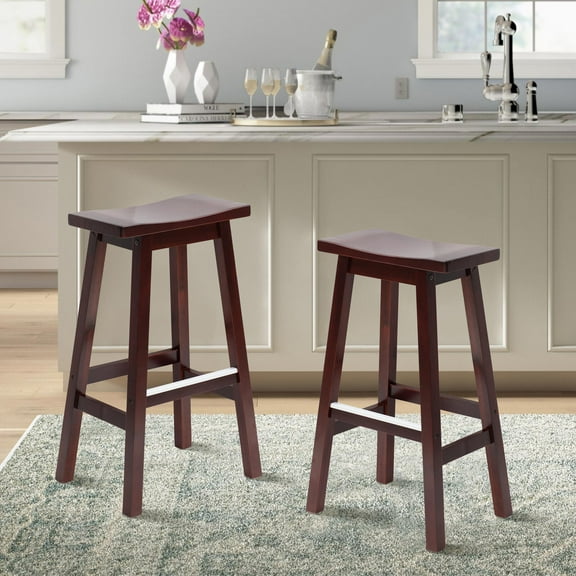 CL.HPAHKL Solid Wood Saddle-Seat Bar Stools Set of 2, Kitchen Counter Height Barstools, Backless Island Chairs for Kitchen Island, Dining Room, Pub (30 inch, Brown)