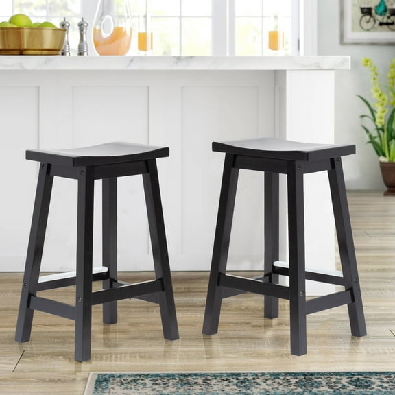CL.HPAHKL Solid Wood Saddle-Seat Bar Stools Set of 2, Kitchen Counter Height Barstools, Backless Island Chairs for Kitchen Island, Dining Room, Pub (24 inch, Black)