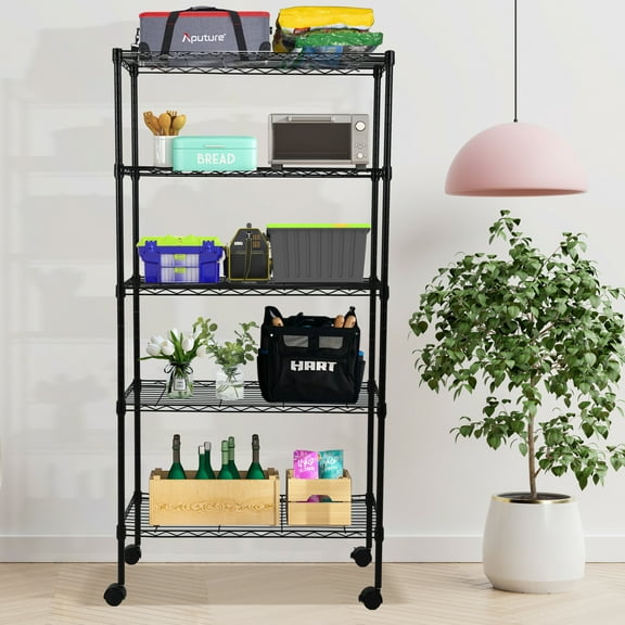 CL.HPAHKL Storage Shelves Adjustable 5 Tier NSF Metal Shelving Unit, Wire Rack Shelving 1250lbs Capacity Storage Racks and Shelving with Wheels for Closet Kitchen Pantry Garage Basement, Black