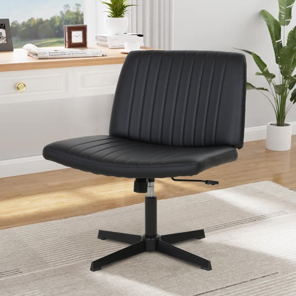 CL.HPAHKL Swivel Criss Cross Legged Desk Chair Armless, Height Adjustable Modern Makeup Vanity Chair No Wheels, Mid Back Computer Task Chair with Wide Seat for Home Office - Black, Pack of 1