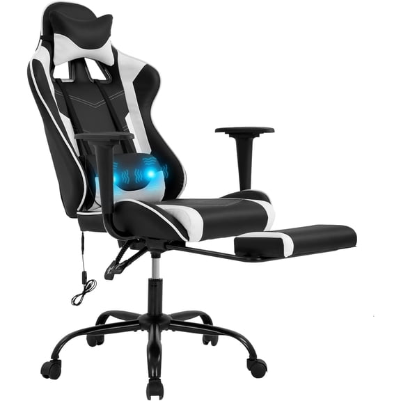 CL.HPAHKL Video Gaming Chair, Massage PU Leather Recliner Game Chair with Headrest Lumbar Support Ergonomic PC Computer Chair Height Adjustable Swivel Task Chair for Adults Teens, White