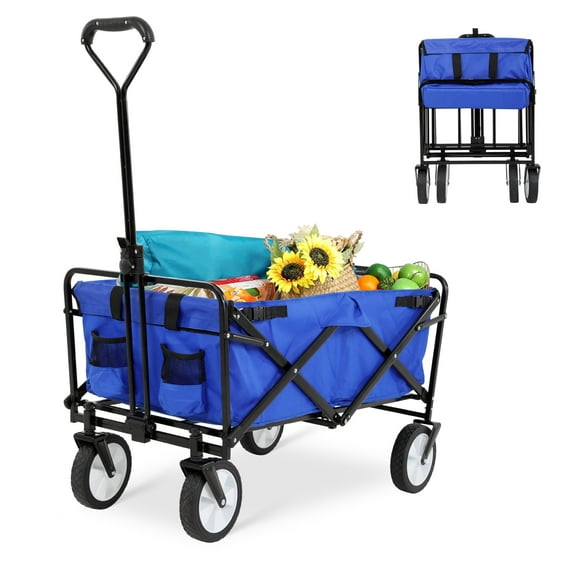 CL.HPAHKL Wagons Carts Foldable, Collapsible Wagon Garden Cart Heavy Duty Utility with Wheels, Folding Beach Wagon Grocery Wagon for Camping Garden Shopping Sports Outdoor Use, Blue