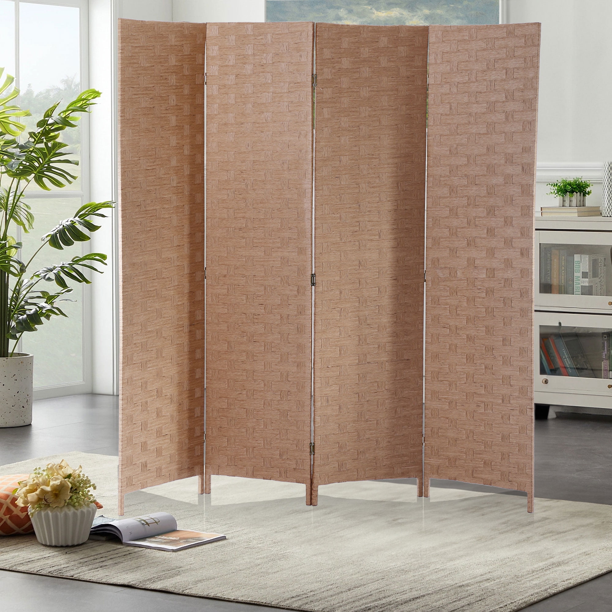 CL.HPAHKL Wall Partition Room Divider, Mesh Hand-Woven Design Room Separators with 4 Panels Portable Partition Wall Divider 6 ft Indoor Privacy Screen with Two-Way Hinges for Home Office, Natural
