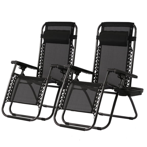 CL.HPAHKL Zero Gravity Lawn Lounge Chair Recliner for Patio, Pool w/ Pillow & Cup Holder (Set of 2, Black)