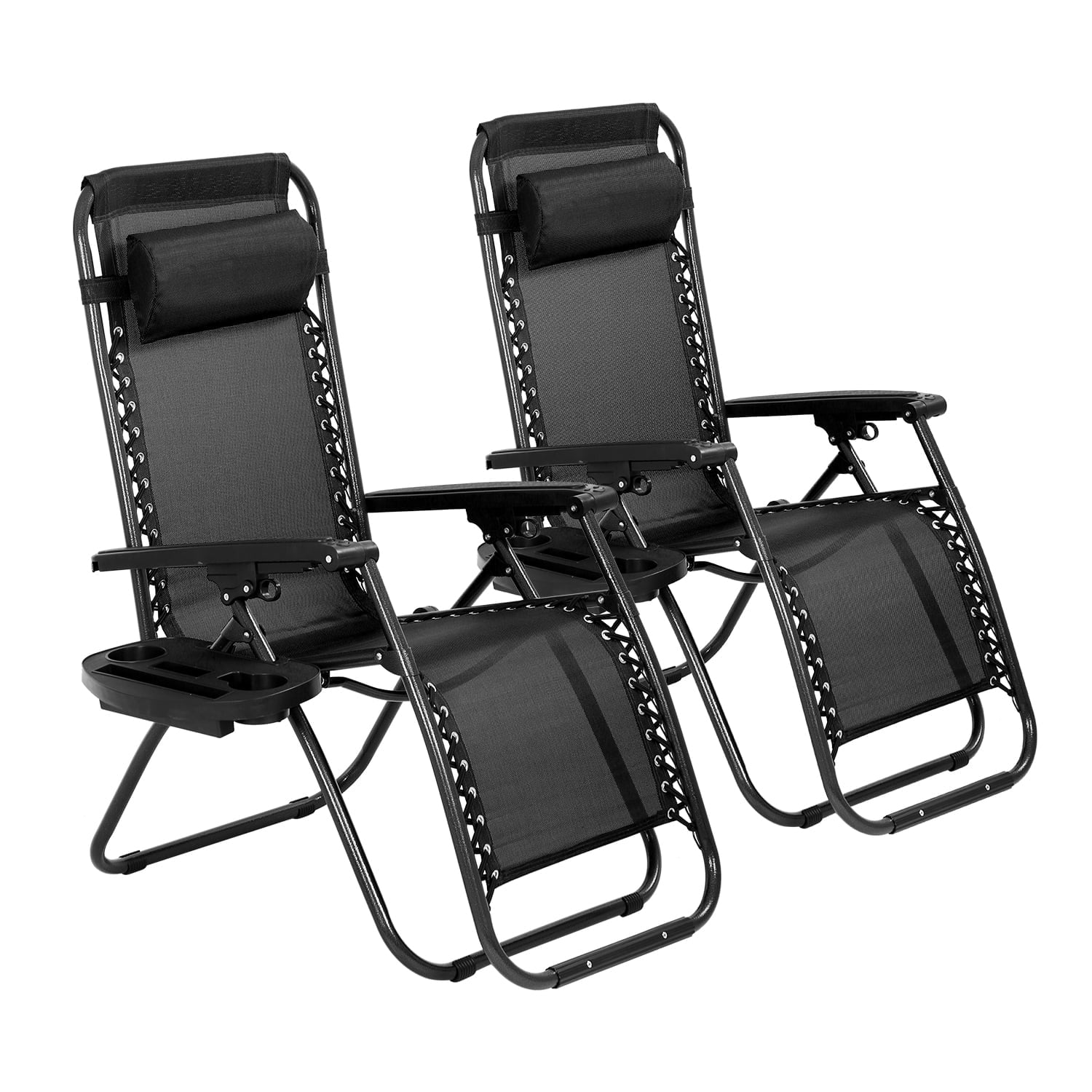 Black Steel Zero Gravity Reclining Outdoor Lounge Chairs with Cup Holder, Set of 2