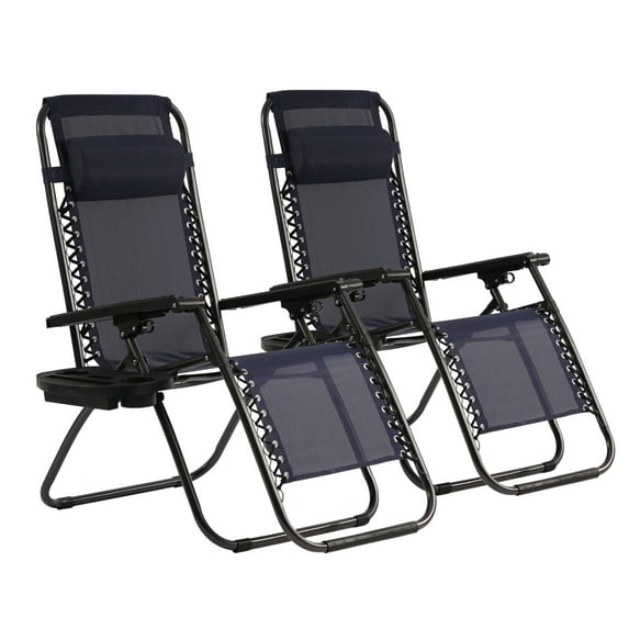 CL.HPAHKL Zero Gravity Lawn Lounge Chairs Set of 2, Adjustable Patio Reclining Chair with Pillow and Cup Holder, Folding Outdoor Chairs for Deck Beach Yard, Blue