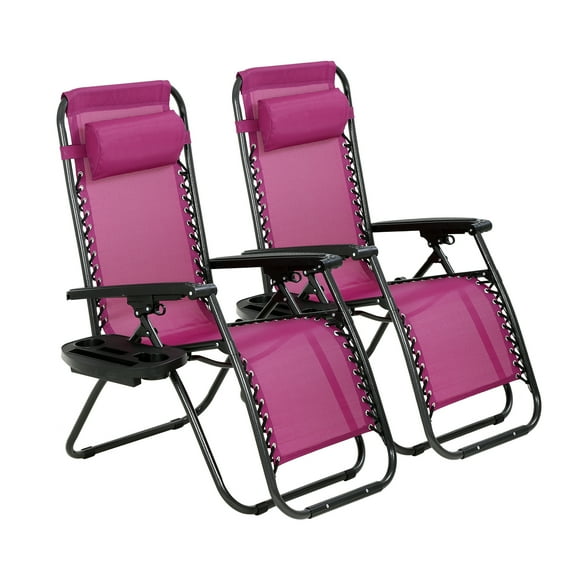 CL.HPAHKL Zero Gravity Lawn Lounge Chairs Set of 2, Adjustable Patio Reclining Chair with Pillow and Cup Holder, Folding Outdoor Chairs for Deck Beach Yard, Red