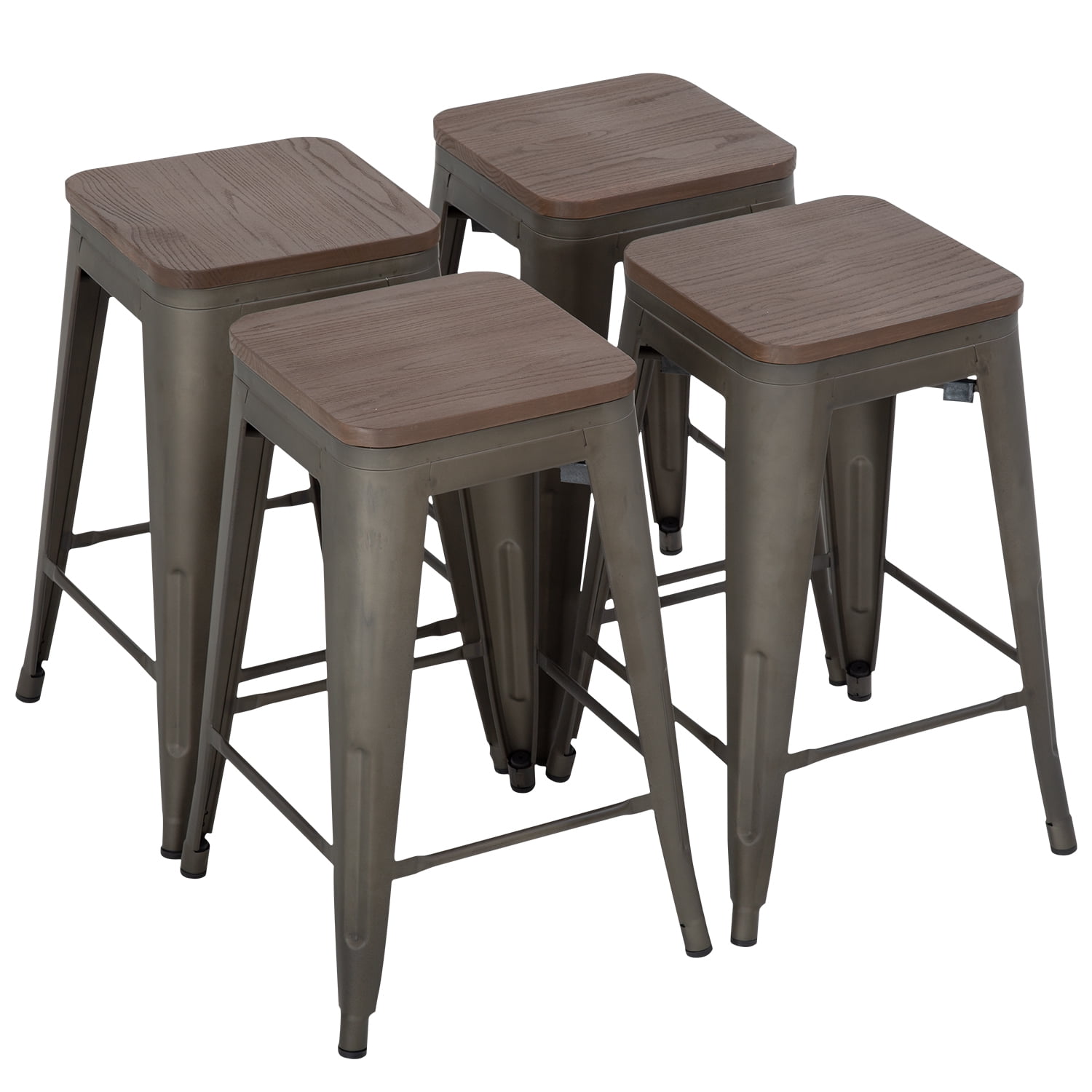 Bronze and Wood Industrial Stackable 24" Bar Stools, Set of 4