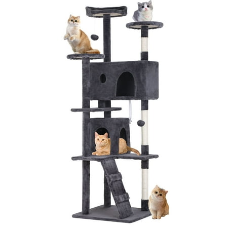 CL.HPAHKL70 Inch Cat Tree, Indoor Cat Tree Tower Multi-Level Cat House with Cat Scratching Post Bracket House Cat Condo with Fun Toys for All Cats, Ashy