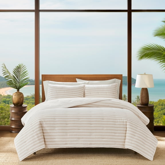 Coastal Living Tropical Luxe Striped 3-Piece Quilt Set, Full/Queen, Natural Ivory & Beige, Cotton-Linen Blend