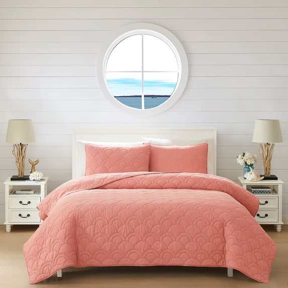 Coastal Living Harbor Scallop Stitch 3-Piece Quilt Set, Full/Queen, Coral, 100% Cotton Bedding