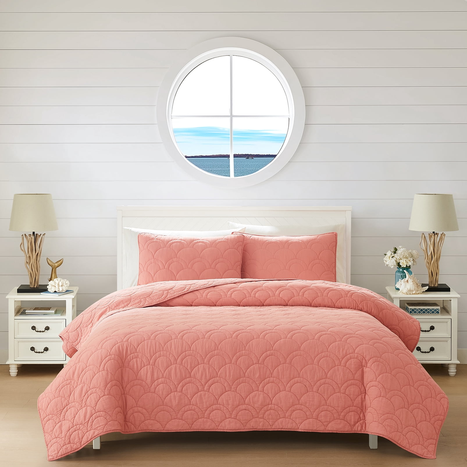 Coastal Living Harbor Scallop Stitch 3-Piece Quilt Set, King, Coral, 100% Cotton Bedding