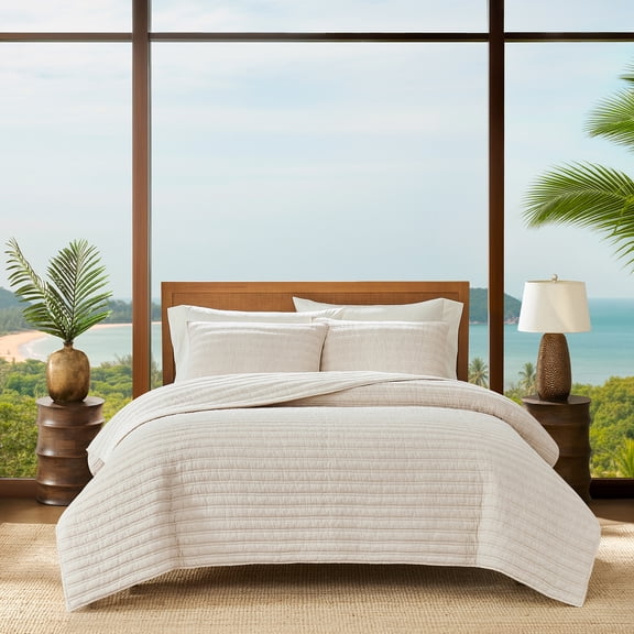 Coastal Living Tropical Luxe Linen 3-Piece Quilt Set, Full/Queen, Natural Beige, Cotton-Linen Blend