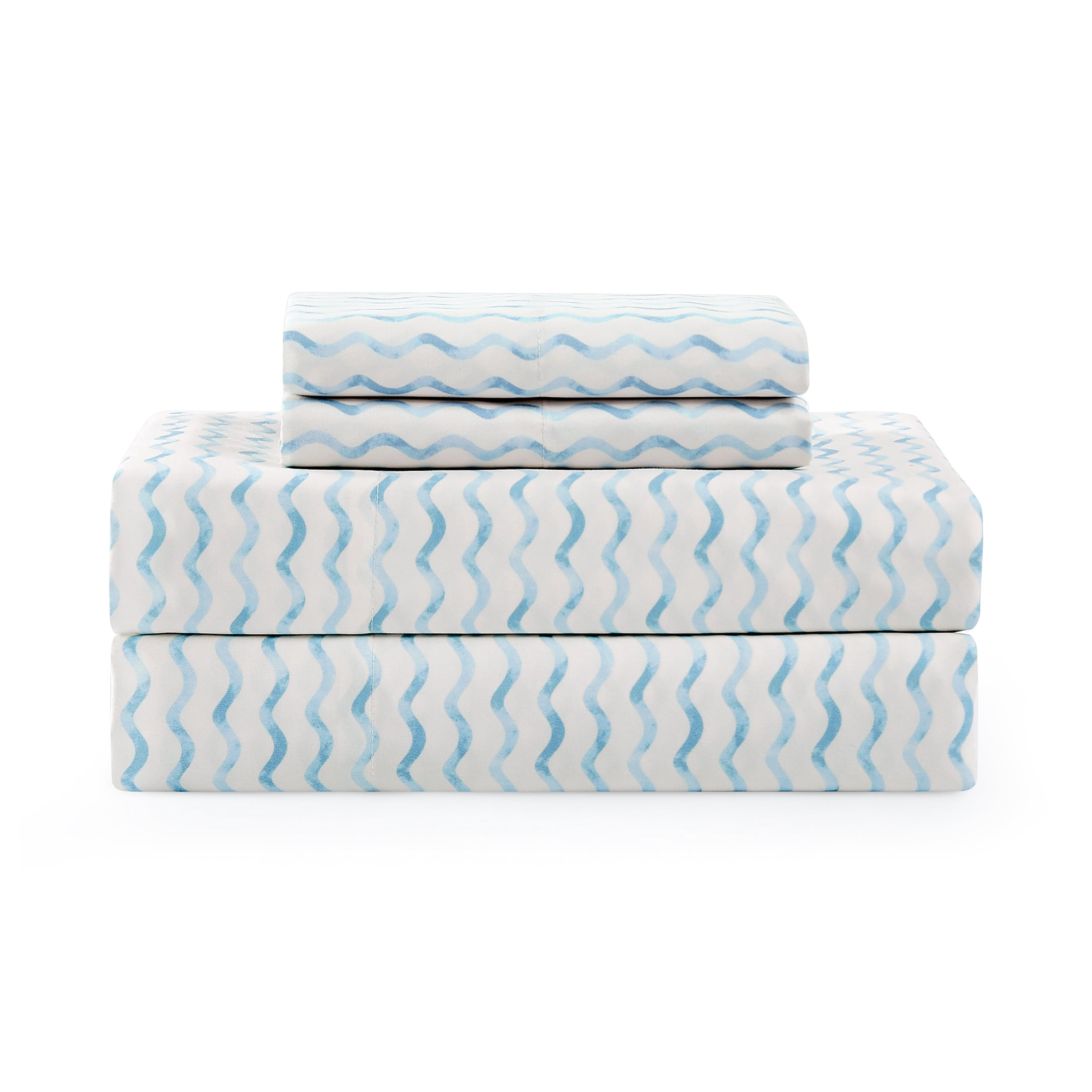 Coastal Living 4-Piece Blue Chevron Soft Brushed Microfiber Luxury Cooling Sheet Set, Queen