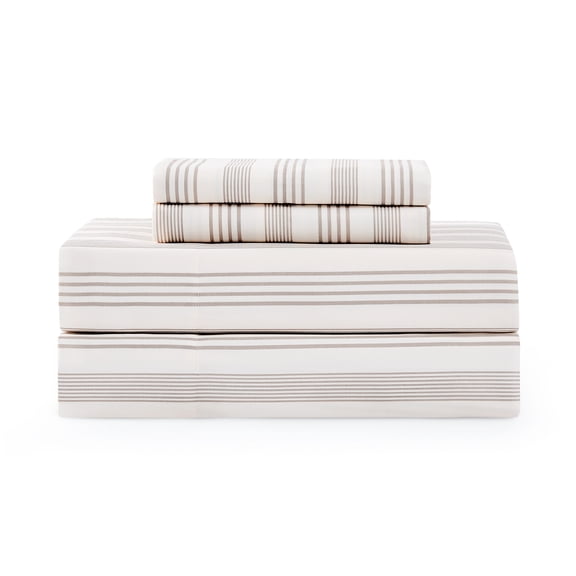 Coastal Living 4-Piece Grey Stripes Soft Brushed Microfiber Luxury Cooling Sheet Set, Queen