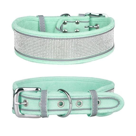 CL202DSuede Leather Shining Durable Rhinestone Decoration Comfortable No Pull Outdoor All Size Pet Dog Collar (green,L)