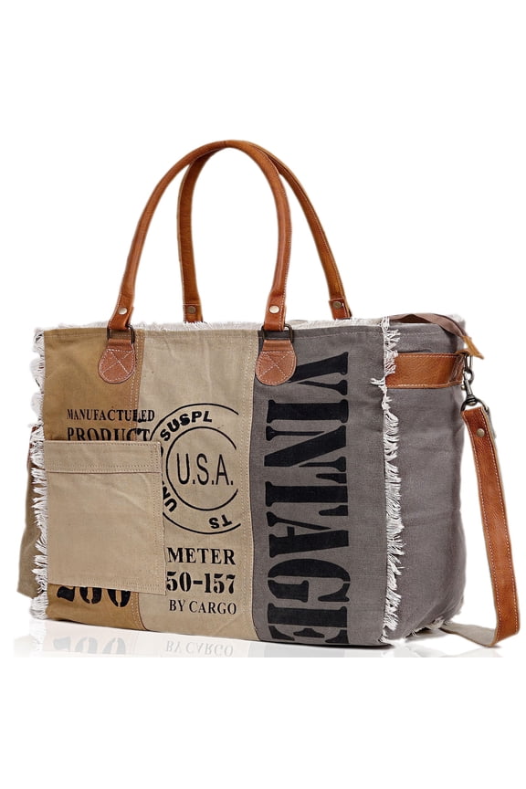 CLA Bags SEL de MER Large Upcycled Canvas & Cowhide Leather Crossbody Tote Handbag for Women (Cream & Grey Color)