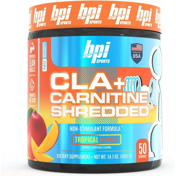 BPI Sports CLA + Carnitine Shredded for Lean Muscle & Fat Loss, Tropical Mango, 14.1 oz, 50 Servings