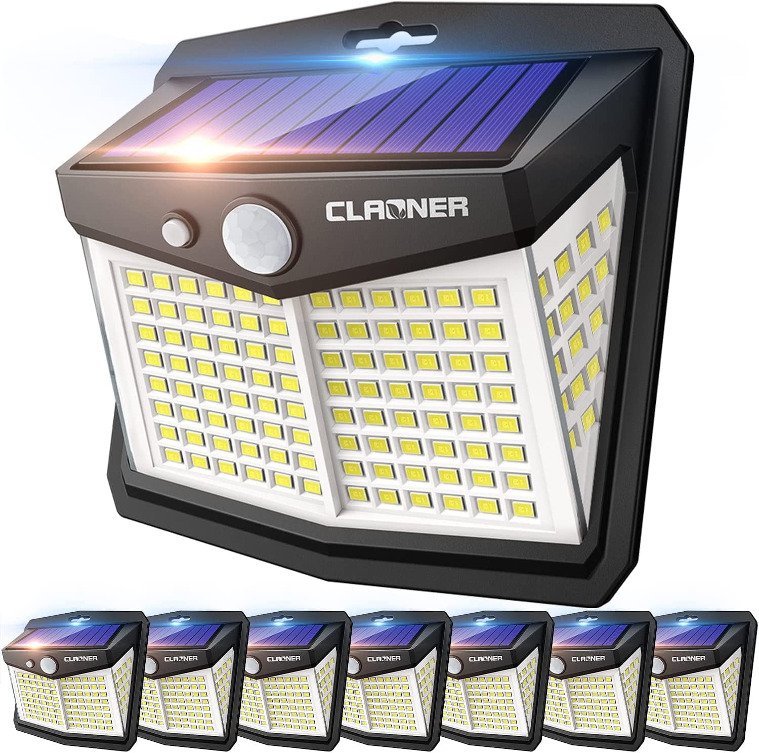 CLAONER Solar Lights Outdoor, [128 LED/8 Packs] Solar Motion Lights  Working Modes Solar Wall Lights with 270 Wide Angle Wireless IP65  Waterproof Motion Sensor Outdoor Deck Lights, Cold White
