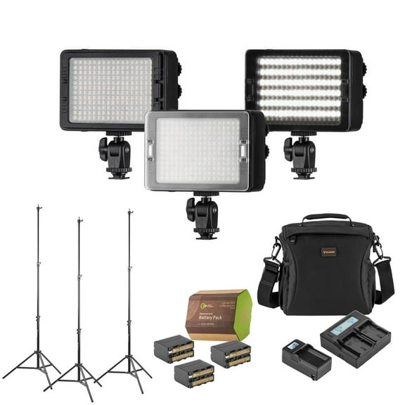 CLAR 3x 204 Phantom Series Bi-Color On-Camera LED Light Bundle with 3x Green Extreme NP-F970 Battery, Dual Charger, Charger, 3x Heavy-Duty Light Stand, Shoulder Bag