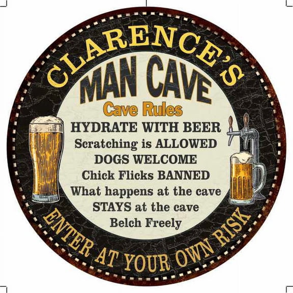 CLARENCE'S Man Cave Rules 14" Round Metal Sign Garage Wall Decor 100140010460