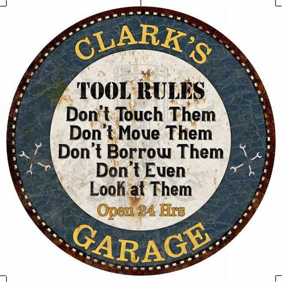 CLARK'S Garage Rules 14" Round Metal Sign Garage Wall Decor 100140015140
