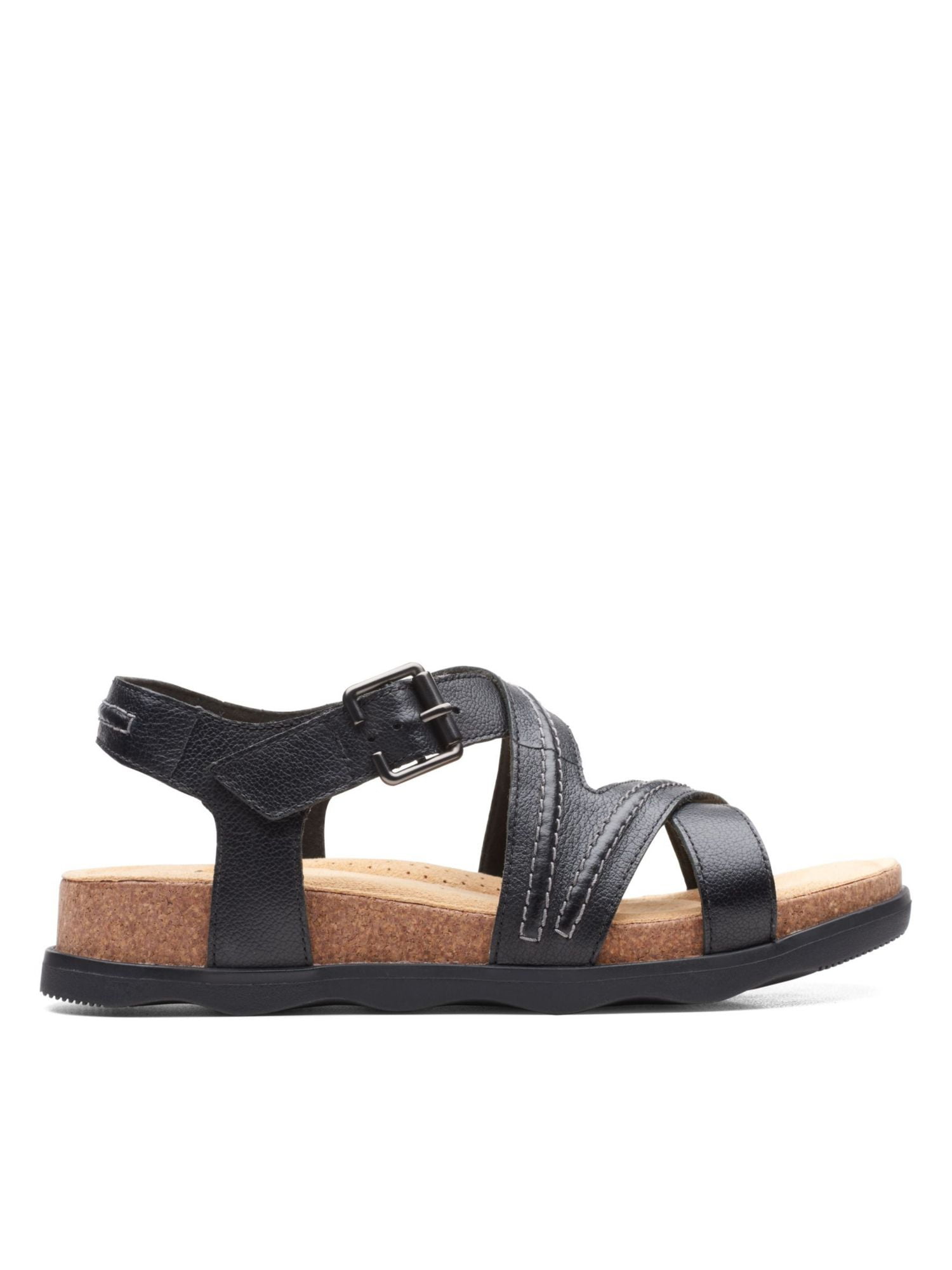 CLARKS COLLECTION Womens Black Buckle Accent Cushioned Brynn Madi Round Toe Wedge Slip On Leather Thong Sandals Shoes 6 M