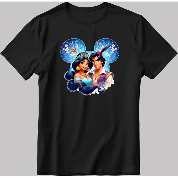 CLASSIC cartoon Aladdin Jasmine Princess Short Sleeve White-Black Men / Women's P322