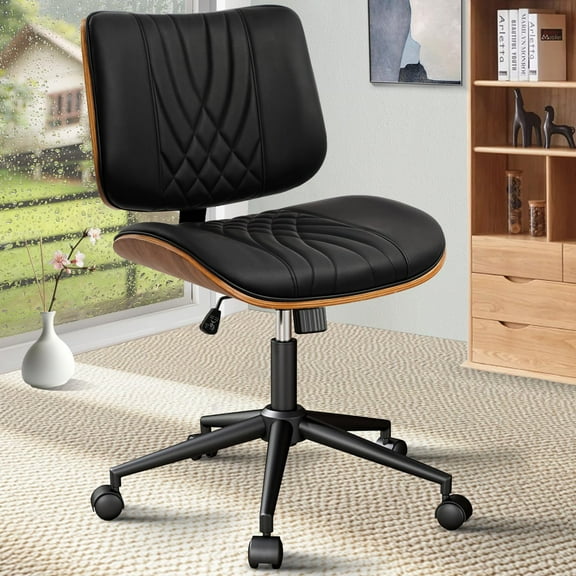 CLATINA Armless Home Office Chair, Desk Chair with Wheels, Adjustable Height Reading Chair, Leather Mid Back & Swivel Computer Chair, Modern Walnut Chairs with Back for Studio Meeting Room(Black)