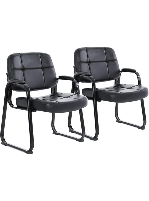 CLATINA Big & Tall Waiting Room Guest Chair with Bonded Leather Padded Arm Rest and Sled Base for Office Reception Lobby and Conference Desk, Black(2 Pack)