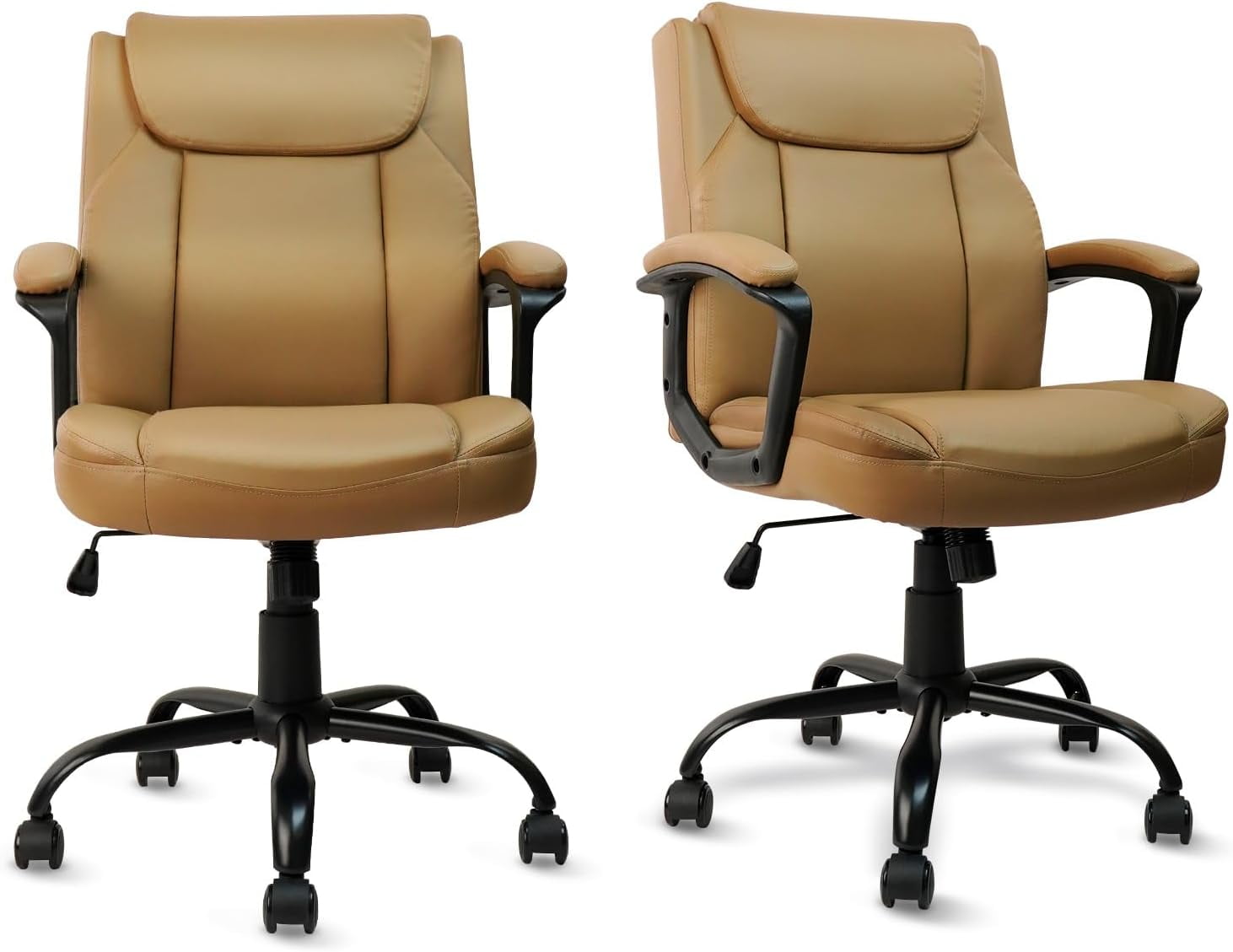 CLATINA Brown Office Chair Computer Chair PU Leather Executive Office Chair Swivel Adjustable Height Chair with Upholstery Fixed armrest Mid-Back Leather Thick Cushion Office Chair Brown 2Pack