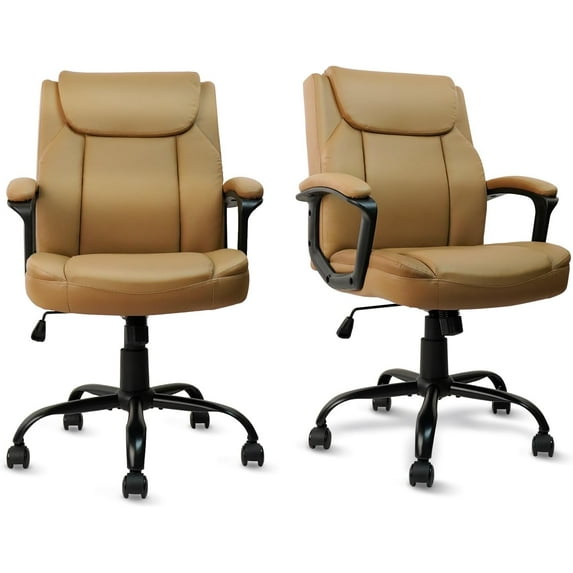 CLATINA Brown Office Chair Computer Chair PU Leather Executive Office Chair Swivel Adjustable Height Chair with Upholstery Fixed armrest Mid-Back Leather Thick Cushion Office Chair Brown 2Pack