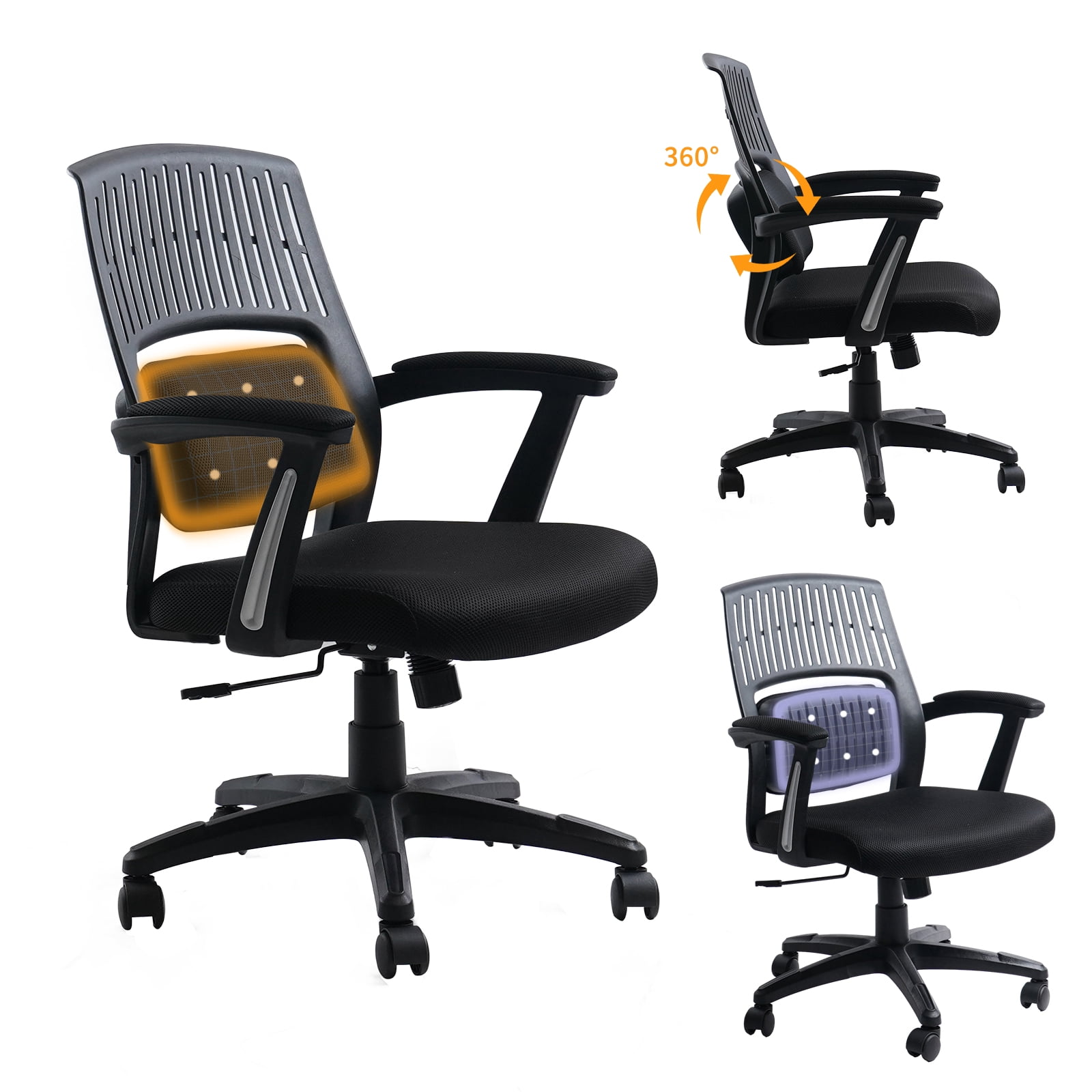 CLATINA Ergonomic Office Chair Desk Chair  360Adjustable Lumbar Support Mid Back Executive Swivel Task Chairs Padded Arms Black 1pack