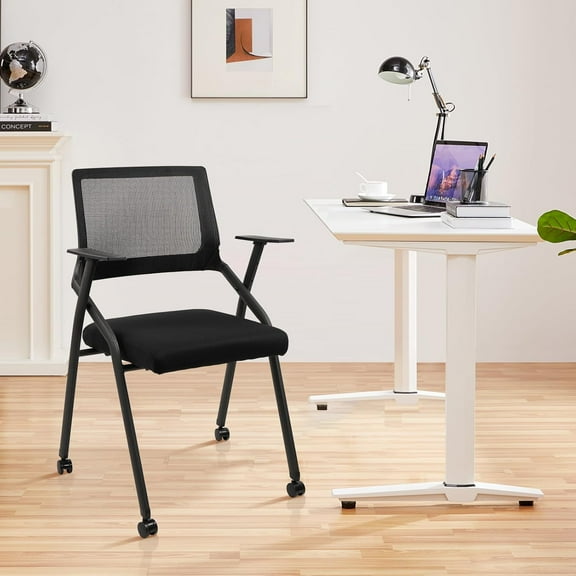 CLATINA Ergonomic Stackable & Foldable Conference Room Chairs, Mesh Office Chair with Arms and Wheels for Office Waiting Room Meeting Black Lobby Church School Receptions and Training Black