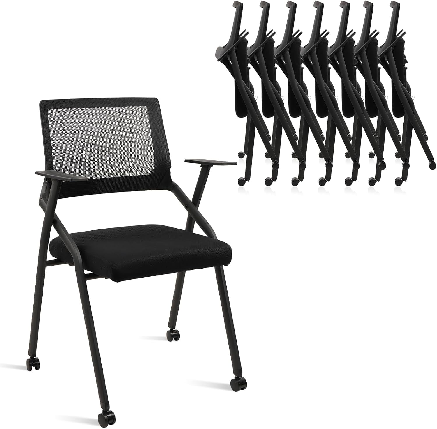 CLATINA Ergonomic Stackable & Foldable Conference Room Chairs, Mesh Office Chair with Arms and Wheels for Office Waiting Room Meeting Black Lobby Church School Receptions and Training Black (4 pk)