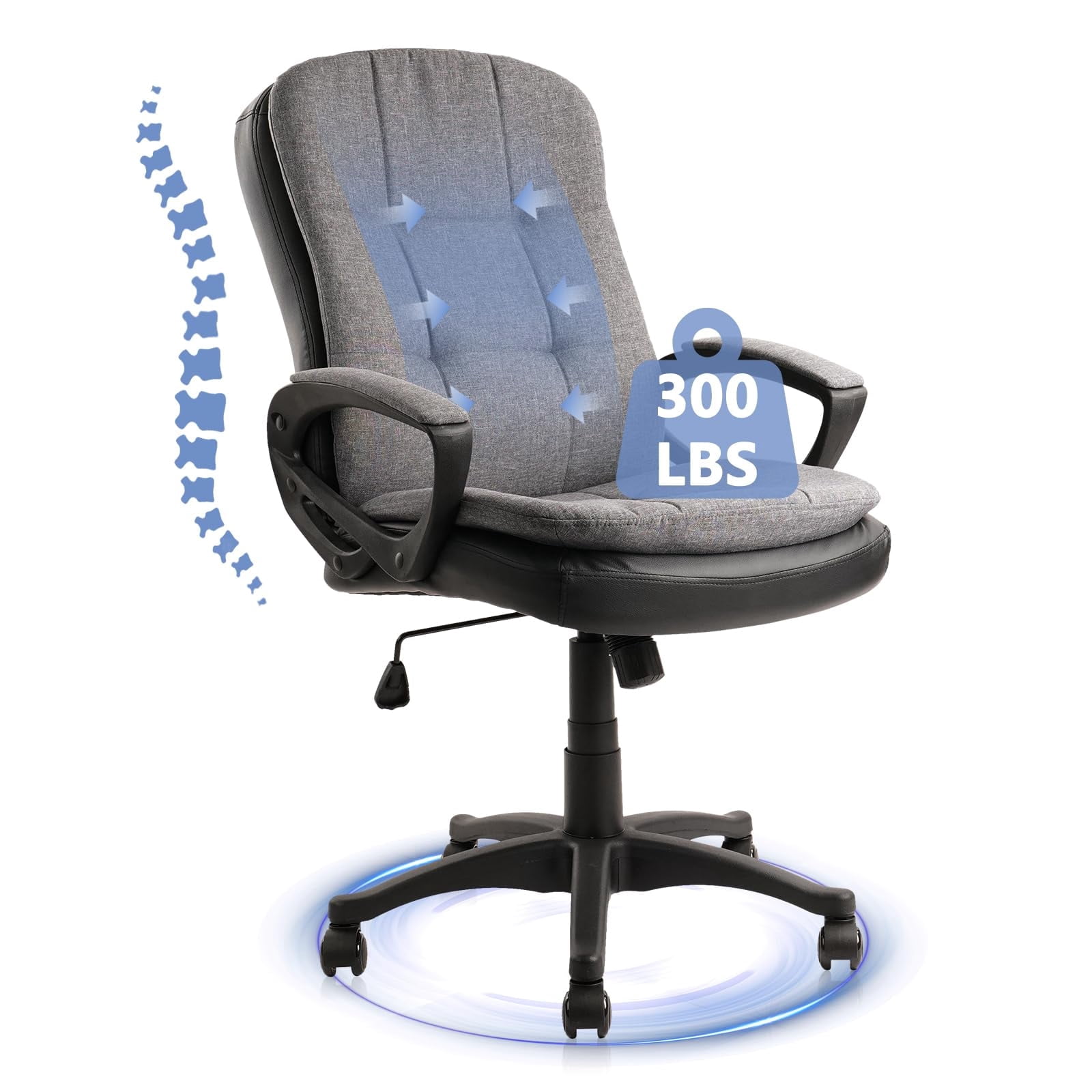CLATINA Cloth Fabric Office Chair, 360° Swivel Rolling Desk Chair with Soft Upholstered Support Backrest, Adjustable Height Mid Back Ergonomic Computer Task Chairs with Arms and Wheels, Grey, 300LBS