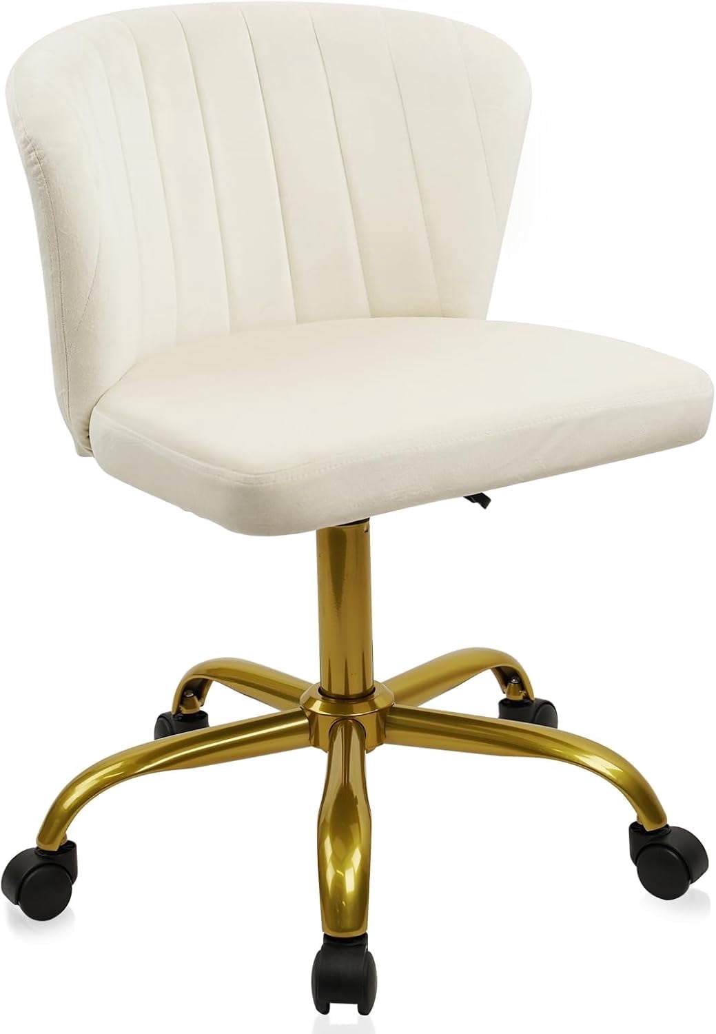 CLATINA Home Office Desk Chair Velvet Vanity Chairs Gold Base, Ergonomic Small Cute Chair Adjustable Height with Wheels Rolling Armless Chair Swivel Task Chair for Study Living Room Bedroom, White