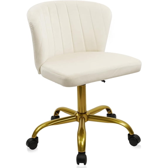 Clatina Home Office Desk Chair White Velvet Gold Base Armless Ergonomic Swivel Task Chair for Study