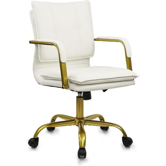 CLATINA Leather Home Office Desk Chairs, Swivel Mid-Back Computer Chair with Golden Legs and Arms, Comfy Upholstered Task Chair with Wheels, White