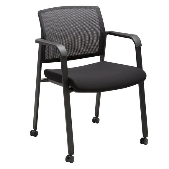 CLATINA Black Waiting Room Chair with Wheels Mesh Back Stacking Arm Chairs with Upholstered Fabric Seat and Ergonomic Lumber Support for Office School Church Guest Reception