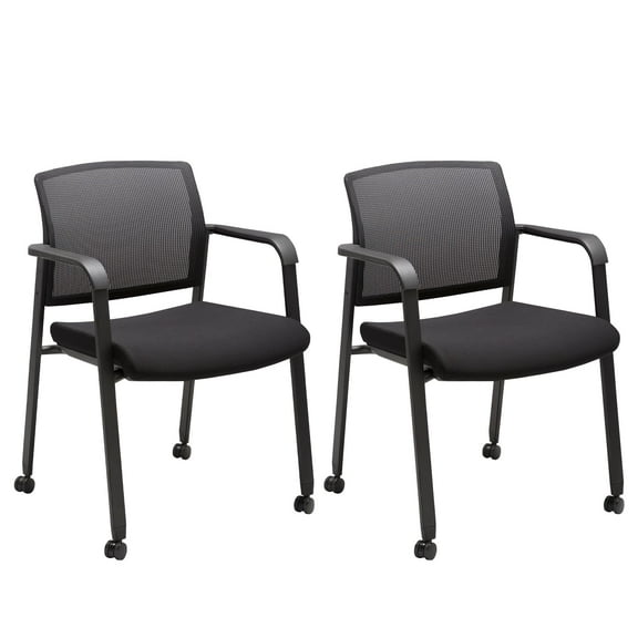 CLATINA Black Waiting Room Chair with Wheels Mesh Back Stacking Arm Chairs with Upholstered Fabric Seat and Ergonomic Lumber Support for Office School Church Guest Reception