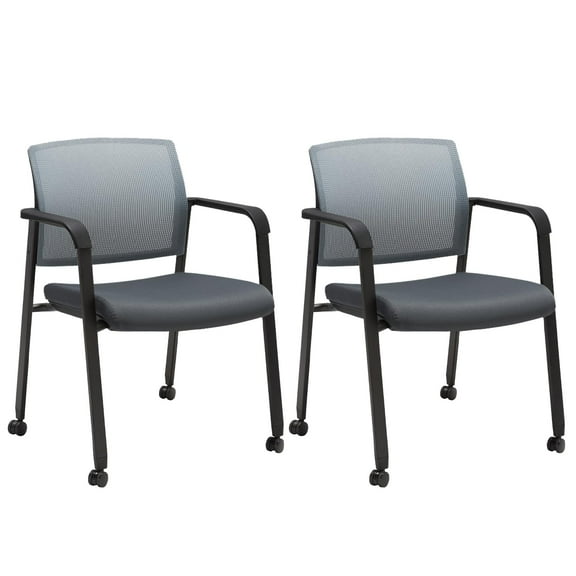 CLATINA Mesh Back Stacking Arm Chairs with Upholstered Fabric Seat and Ergonomic Lumbar Support for Office School Church Guest Reception (WithWheels Gray- 2 Pack)