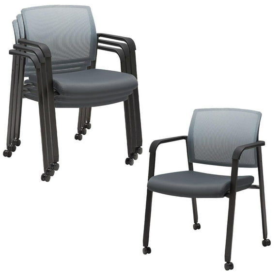 CLATINA Mesh Back Stacking Arm Chairs with Upholstered Fabric Seat and Ergonomic Lumbar Support for Office School Church Guest Reception (WithWheels Gray- 4 Pack)