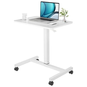 Mobile Laptop Desk Pneumatic Sit to Stand Table Height Adjustable Rolling Cart with Lockable Wheels for Home Office Computer Workstation 28" x 19" White Round Edge Design Elegant