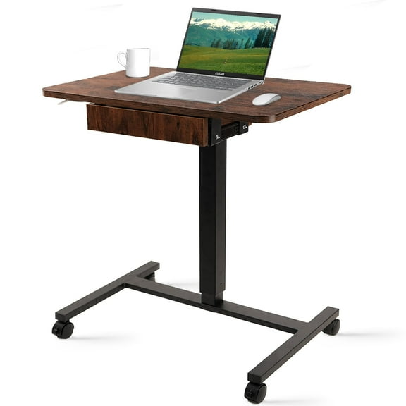 CLATINA Mobile Laptop Standing Desk, Height Adjustable Teacher Podium with Lockable Wheels, Adjustable Work Table with Drawer, Computer Cart Overbed Table for Home Office Classroom, Brown