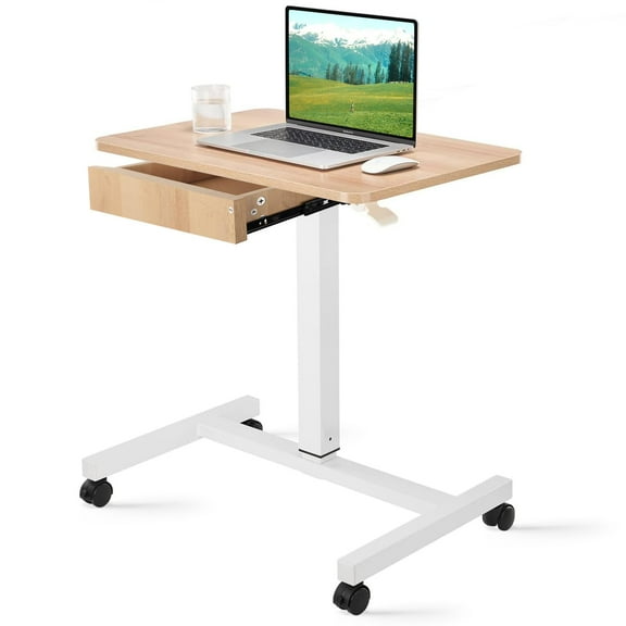 CLATINA Mobile Laptop Standing Desk, Height Adjustable Teacher Podium with Lockable Wheels, Adjustable Work Table with Drawer, Computer Cart Overbed Table for Home Office Classroom, Beige