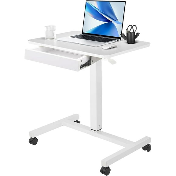 CLATINA Mobile Standing Desk, Rolling Standing Desk, Pneumatic Sit to Stand Workstation Table, Computer Cart Overbed Table with Drawer for Home Office Classroom, 28" x 19" White