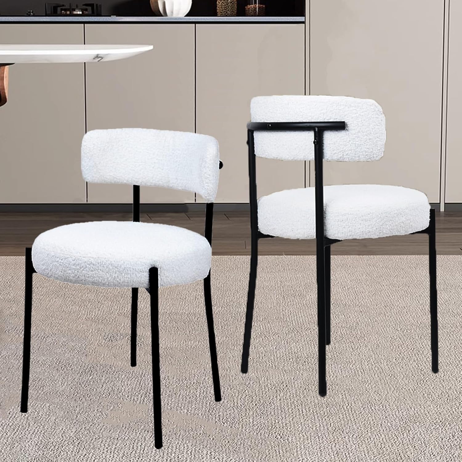 White Boucle Upholstered Dining Side Chairs with Black Metal Legs, Set of 2